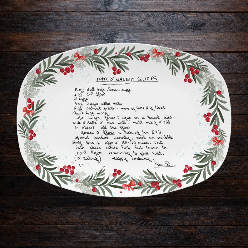 A unique handwritten recipe platter, the Personalized Platter is a lovely mom xmas gift and ladies xmas gift.