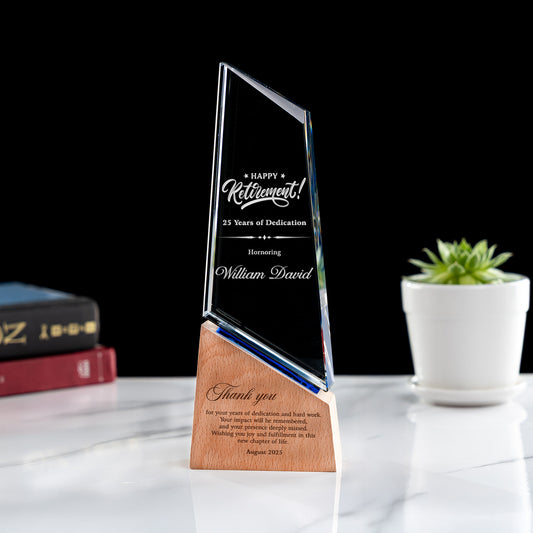 Personalized Happy Retirement Crystal Award, a prestigious engraved crystal award and the perfect happy retirement gift.