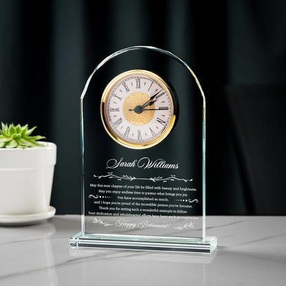 Happy Retirement Engraved Glass Clock, a crystal desk clock and perfect retirement clock gift for staff.