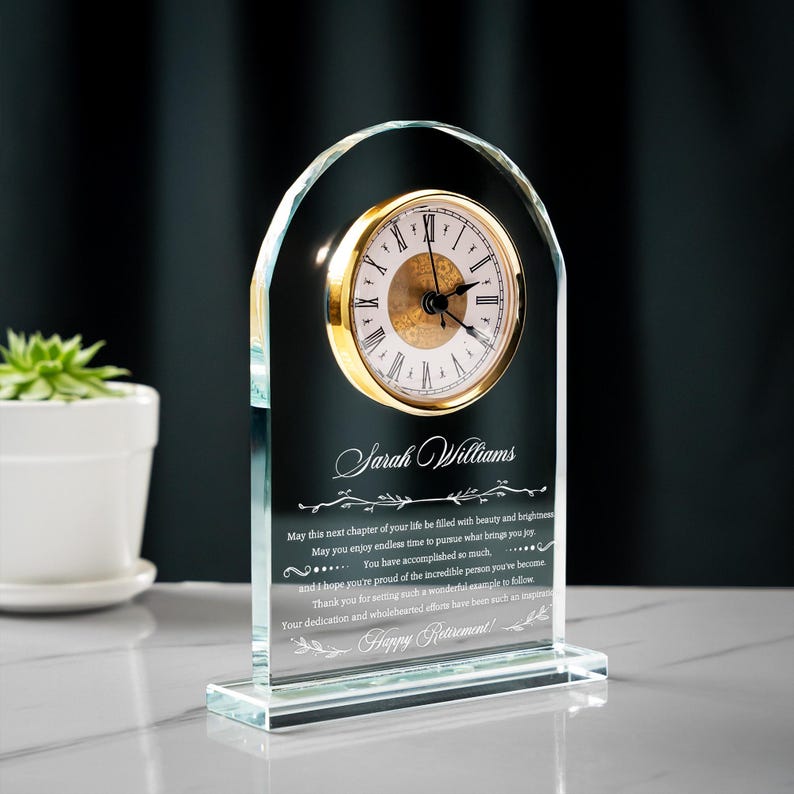 This retirement clock, a Happy Retirement Engraved Glass Clock, is an elegant custom clock award for a manager or leader.