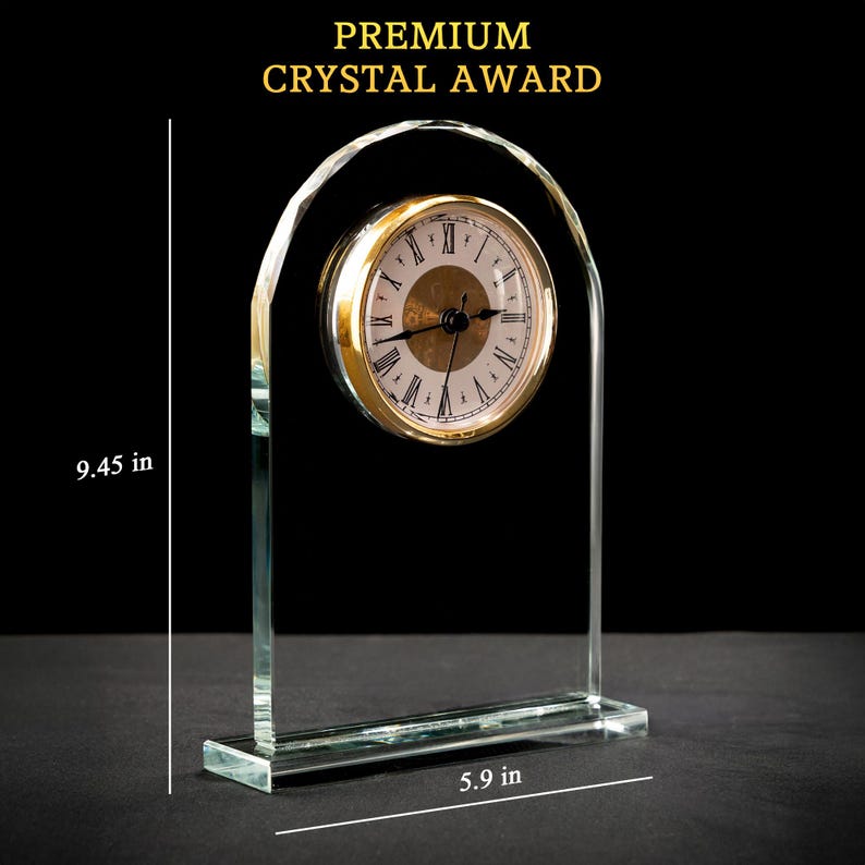 A close-up of the engraved Crystal Desk Clock, the Happy Retirement Engraved Glass Clock is a thoughtful retirement gift for staff.
