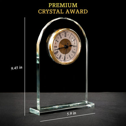 A close-up of the engraved Crystal Desk Clock, the Happy Retirement Engraved Glass Clock is a thoughtful retirement gift for staff.