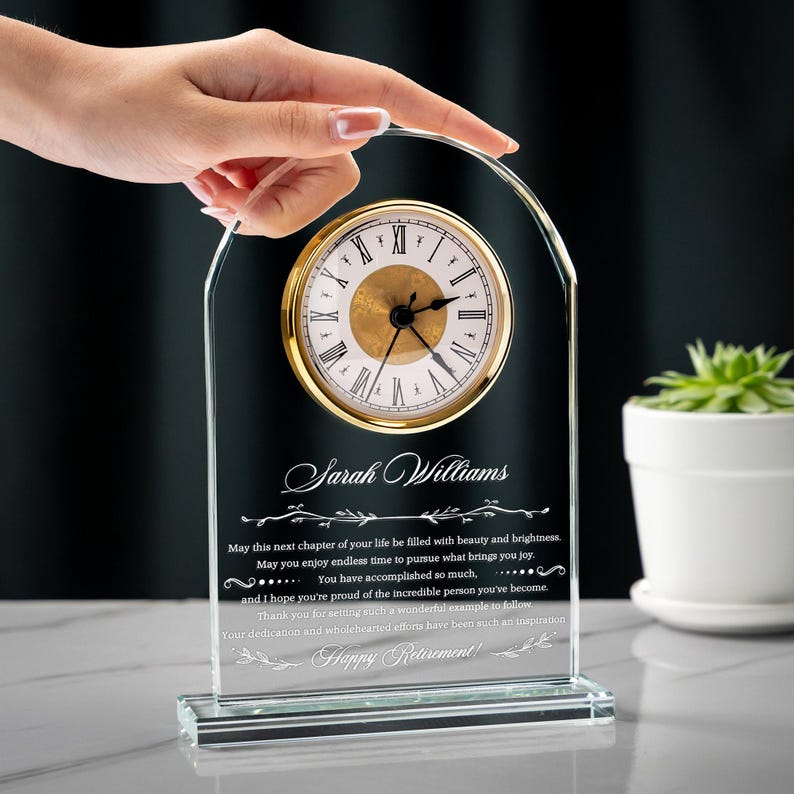The ideal retirement gift for a manager, this Happy Retirement Engraved Glass Clock is a custom clock award for leaving coworkers.