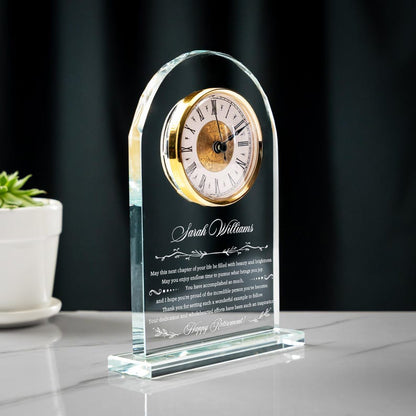 Happy Retirement Engraved Glass Clock, a unique crystal desk clock and employee appreciation gift for a retiring leader.
