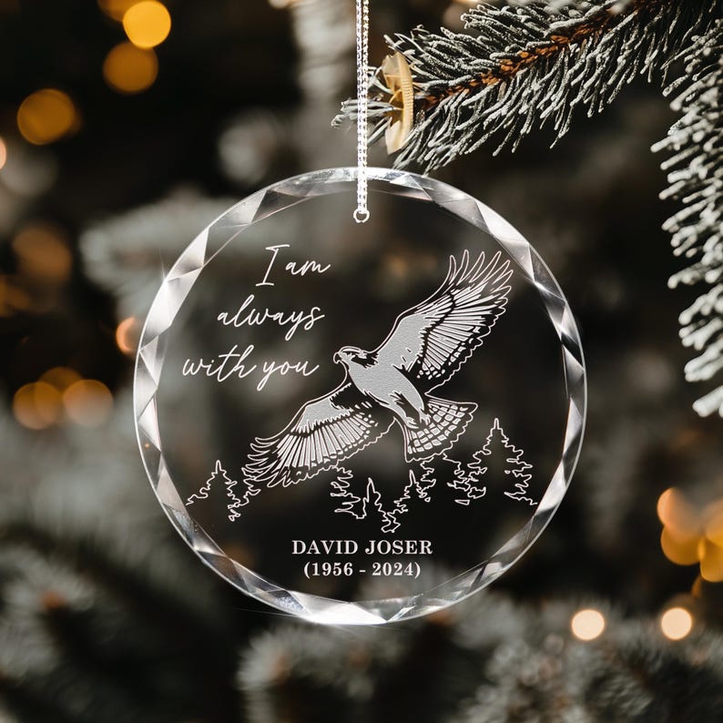 Stylish Personalized Hawk Memorial Glass Ornament offered as christmas gifts for family keepsake