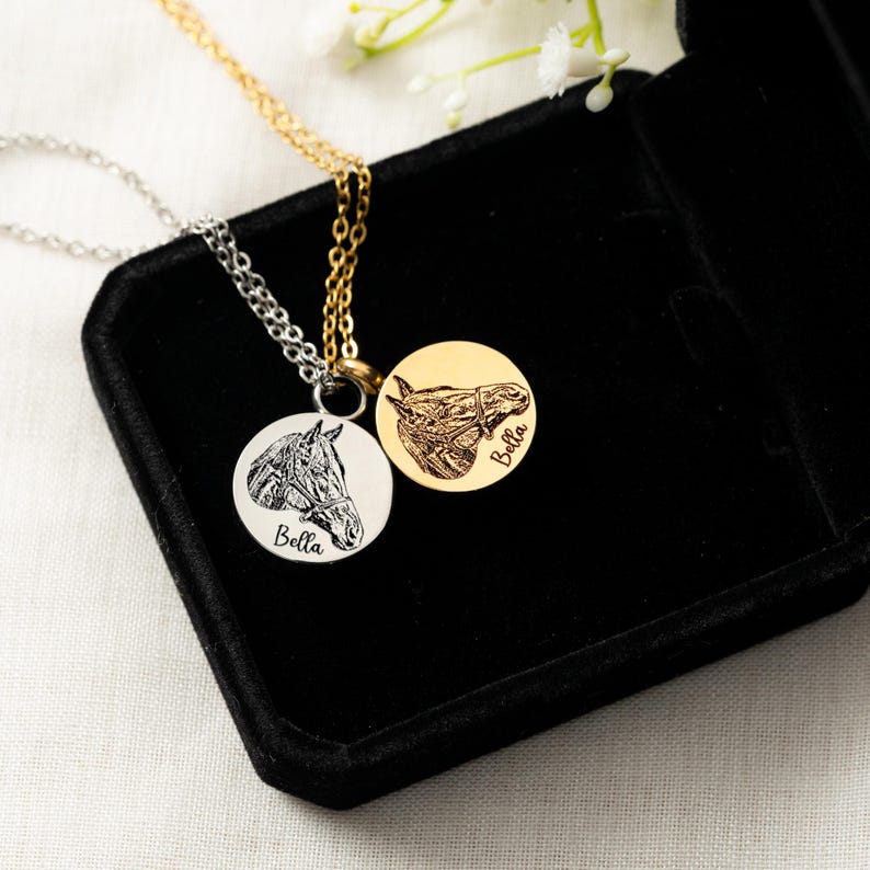 This custom horse photo necklace serves as a beautiful horse loss gift for horse lovers and dedicated riders.