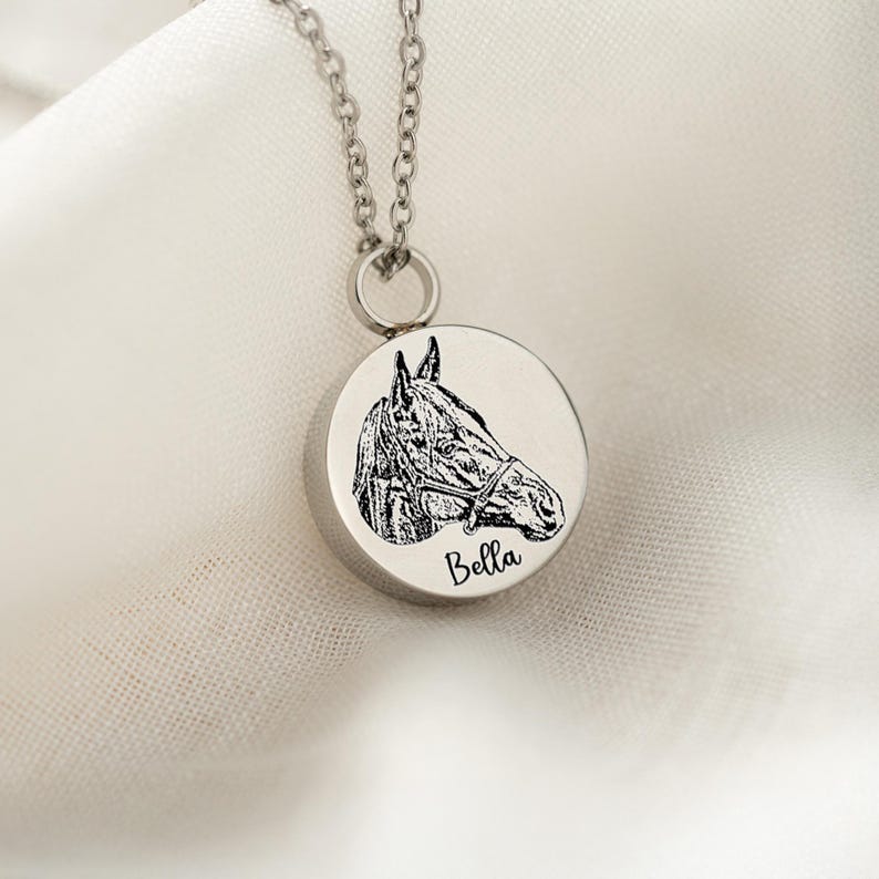 Elegant horse photo gift and personalized ash necklace, serving as a lasting memorial gift for loss of horse.