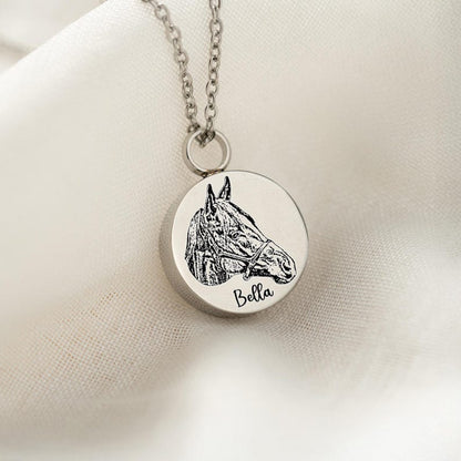 Elegant horse photo gift and personalized ash necklace, serving as a lasting memorial gift for loss of horse.