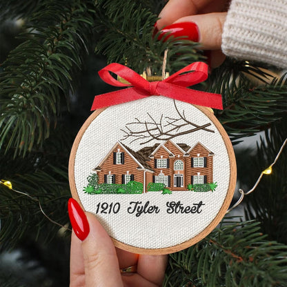 An elegant personalized Christmas ornament, the Personalized House Portrait Embroidery Ornament serves as a thoughtful house warming gift.