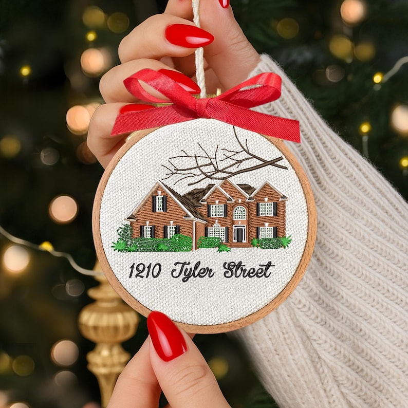 A beautiful embroidery ornament featuring a house portrait, this Personalized House Portrait Ornament is a unique photo in ornament gift.