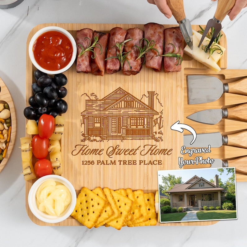 Personalized Housewarming Bamboo Charcuterie Board, a unique housewarming charcuterie board and perfect first home gift.