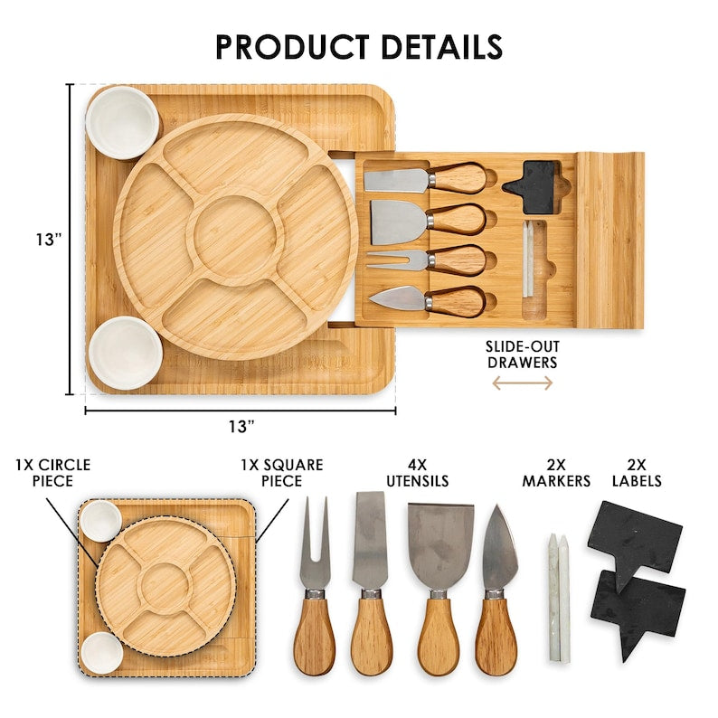 A close-up of a Personalized Housewarming Bamboo Charcuterie Board with tools, a thoughtful gift for a new home.