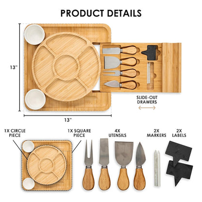 A close-up of a Personalized Housewarming Bamboo Charcuterie Board with tools, a thoughtful gift for a new home.