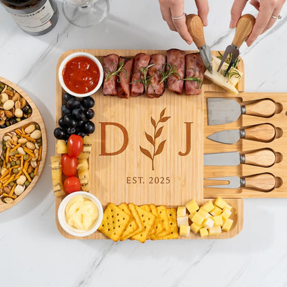 The ideal house warming gift, this Personalized Housewarming Bamboo Charcuterie Board is a beautiful personalized charcuterie board set.