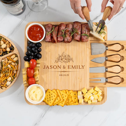 A custom charcuterie board made of premium bamboo, the Personalized Housewarming Bamboo Charcuterie Board is a great first home gift.