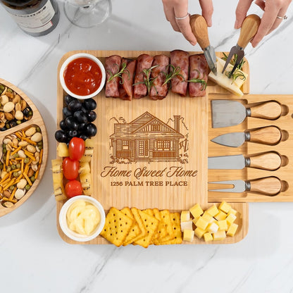 This personalized charcuterie board with tools, a Personalized Housewarming Bamboo Charcuterie Board, is a cherished housewarming gift idea.