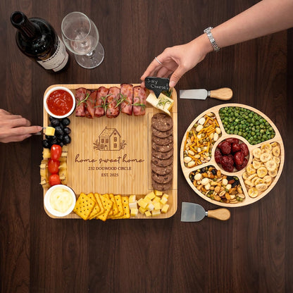 A beautiful bamboo charcuterie board, the Personalized Housewarming Bamboo Charcuterie Board serves as a lasting first home gift.