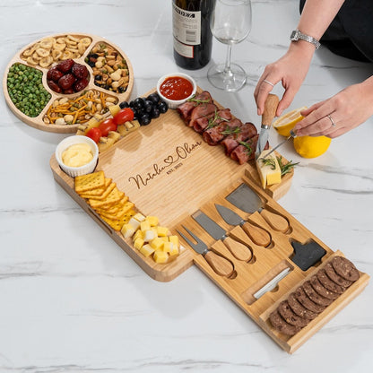 Personalized Housewarming Bamboo Charcuterie Board, a custom charcuterie board and practical house warming gift.