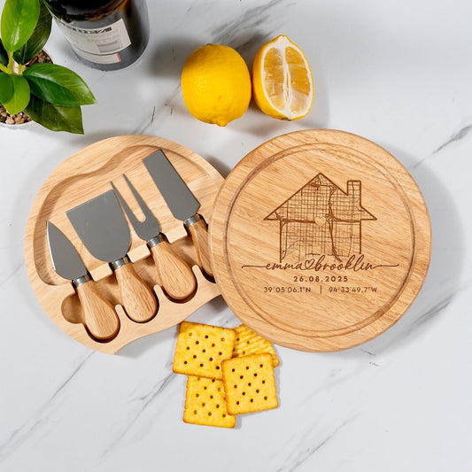 Personalized Housewarming Round Cheese Board, a unique custom charcuterie board and perfect personalized round cheese board.