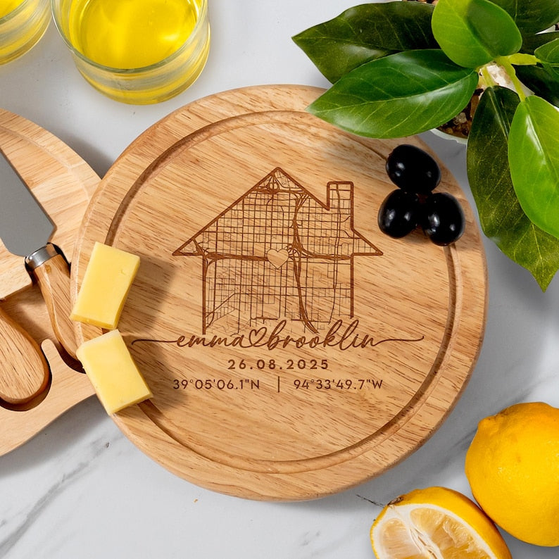 This bamboo charcuterie board is an ideal housewarming charcuterie board and a thoughtful personalized home gift.