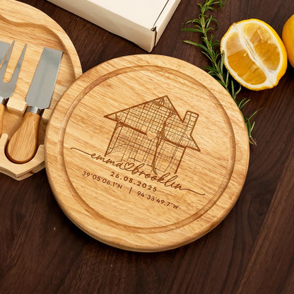 Custom charcuterie board style design, the Personalized Housewarming Cheese Board is a beautiful addition to any kitchen.