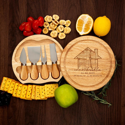 This bamboo charcuterie board, a Personalized Housewarming Round Cheese Board, serves as a functional and elegant gift.