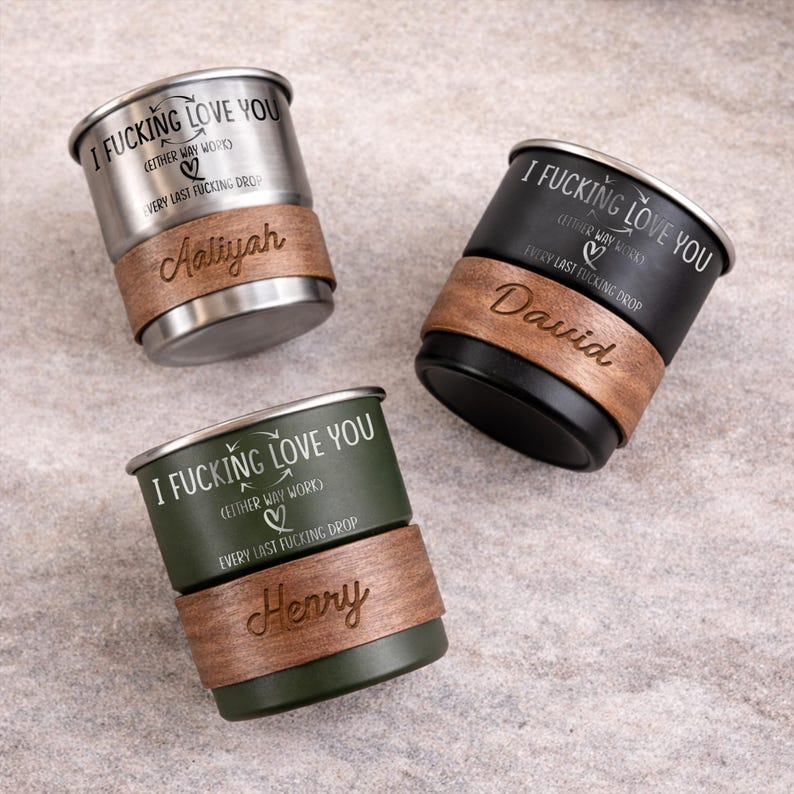Custom stainless steel travel mug with a funny "I F- Love You" design, a great gift for husband from wife.