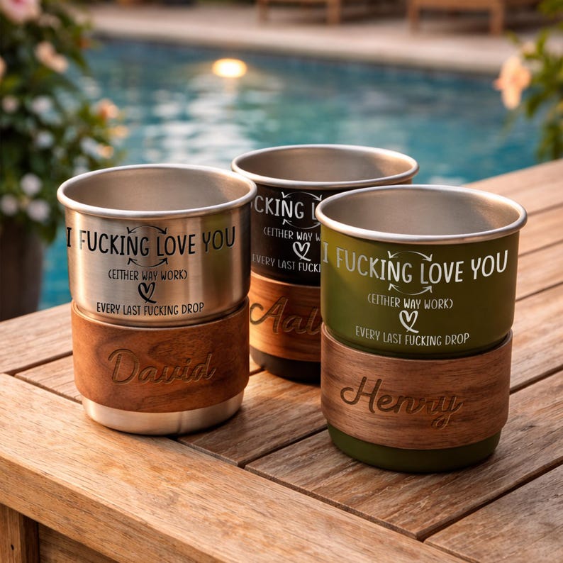 Stainless steel camper mug with custom engraving, making it one of the best funny gifts for husband who loves camping.