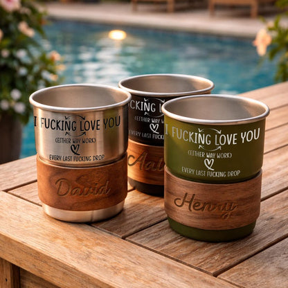 Stainless steel camper mug with custom engraving, making it one of the best funny gifts for husband who loves camping.