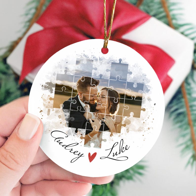 The perfect engagement anniversary gifts, this Personalized I Found My Missing Piece Ceramic Ornament is a unique wedding ornament.