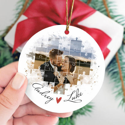 The perfect engagement anniversary gifts, this Personalized I Found My Missing Piece Ceramic Ornament is a unique wedding ornament.