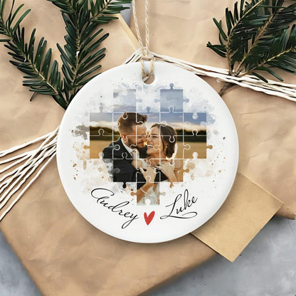 This custom couple ornament, a Personalized I Found My Missing Piece Ceramic Ornament, makes a great engagement anniversary gift.
