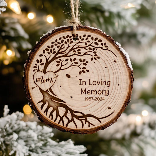 A Personalized In Loving Memory of Mom Wooden Ornament, a heartfelt sympathy gift and a beautiful remembrance gift for the loss of a mother.