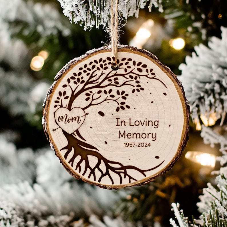 This personalized wooden ornament is a touching mom memorial ornament, serving as a personalized remembrance Christmas ornament.