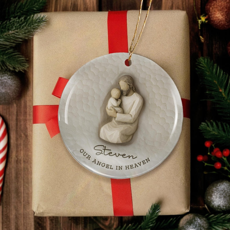 Close-up of a ceramic infant loss ornament, the Personalized Infant Loss Ceramic Ornament is a cherished miscarriage ornament.