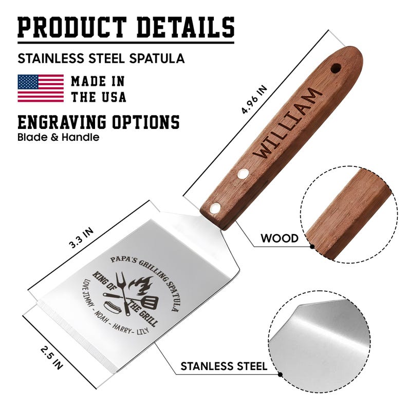 Engraved grill spatula featuring a sturdy wooden handle, an ideal bbq gift for dad for Father's Day 2026.