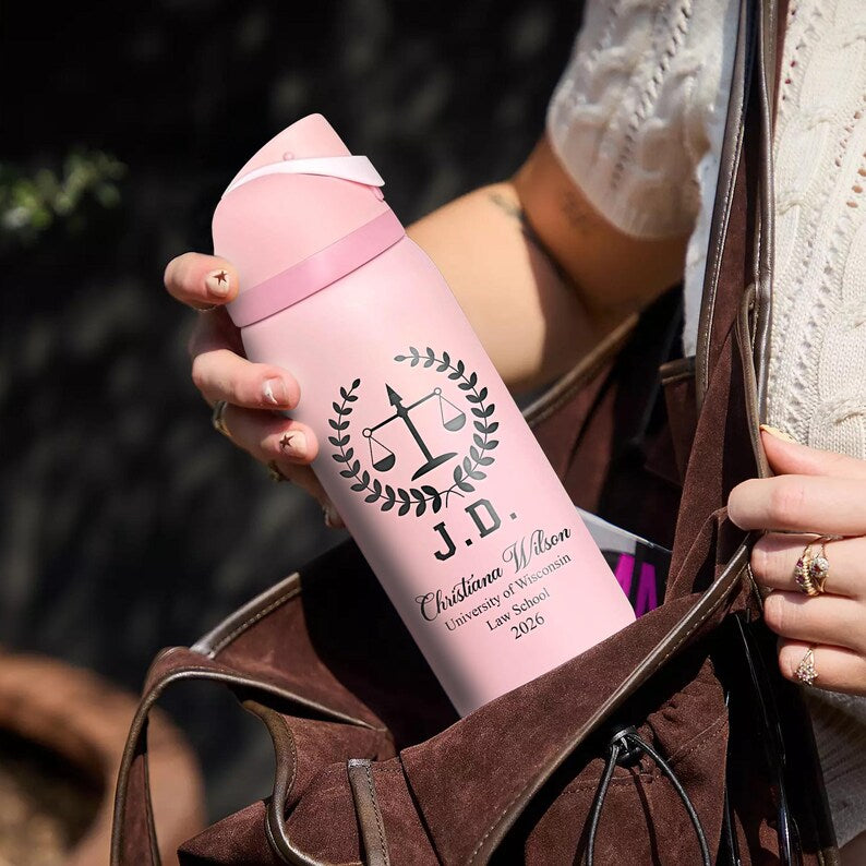 This custom laser engraved water bottle is the perfect lawyer graduation gift for the new attorney.