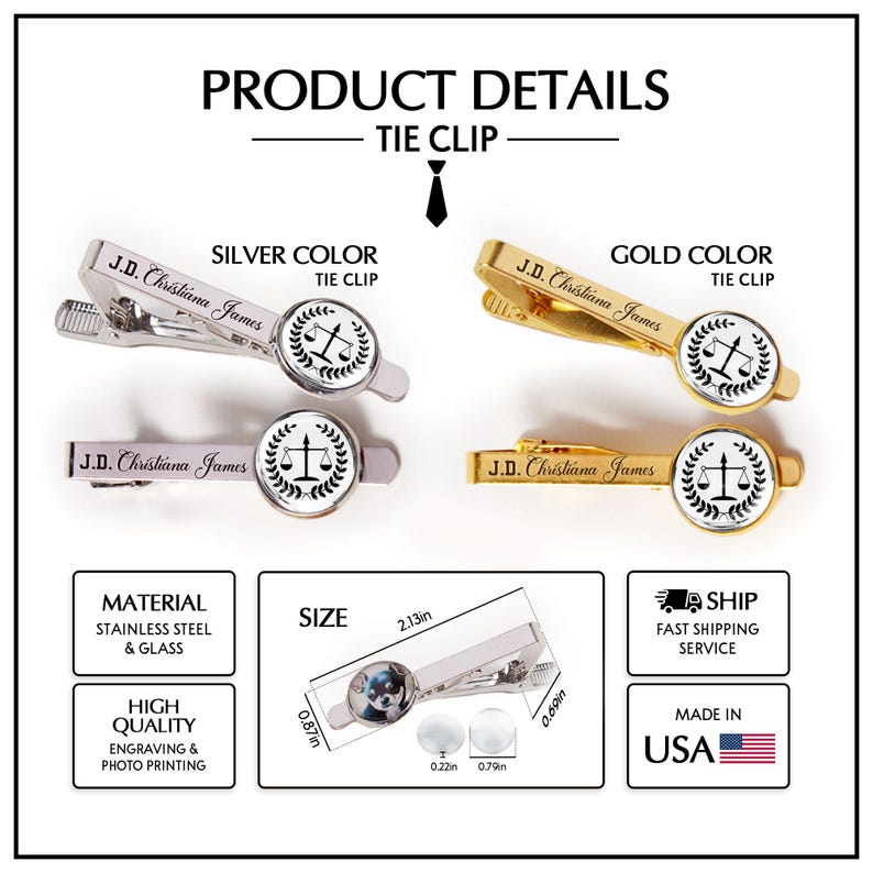 High-quality personalized tie clip for lawyers, ideal for celebrating a juris doctor milestone.