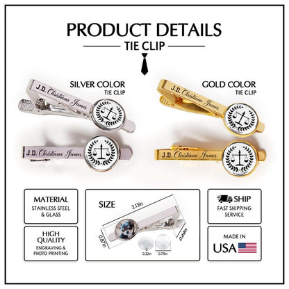 High-quality personalized tie clip for lawyers, ideal for celebrating a juris doctor milestone.