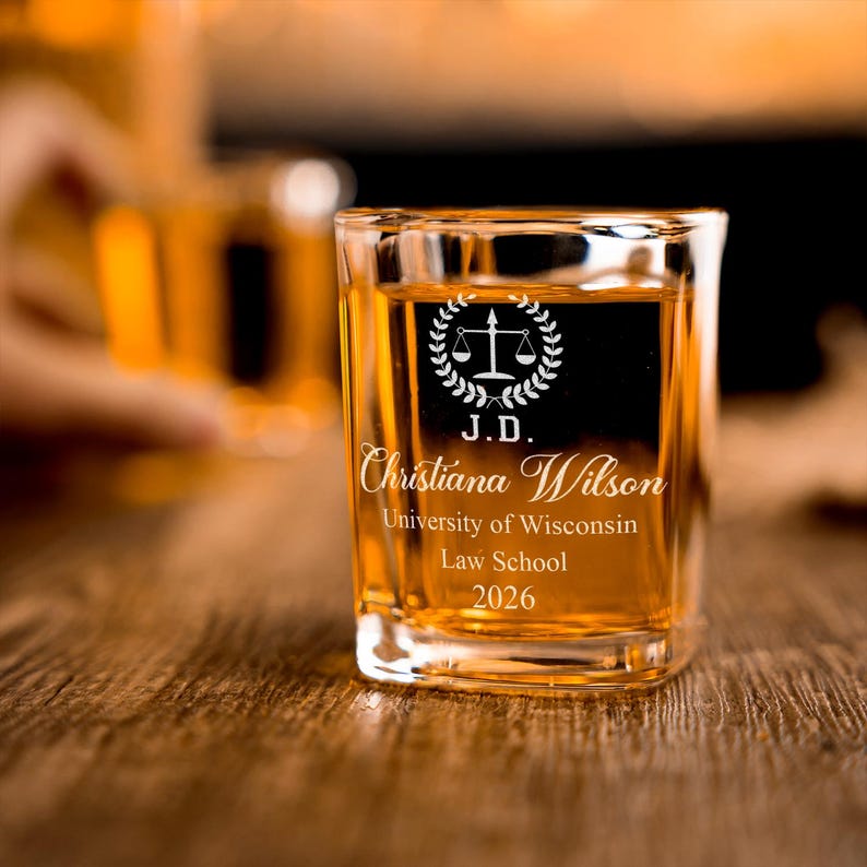 Personalized Lawyer Graduation Shot Glass for Class of 2026, a high-quality and unique law school gift.