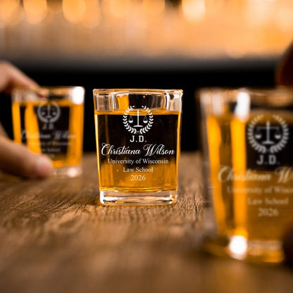 The perfect customized graduation gift, this law degree shot glass is a must-have for new attorneys.
