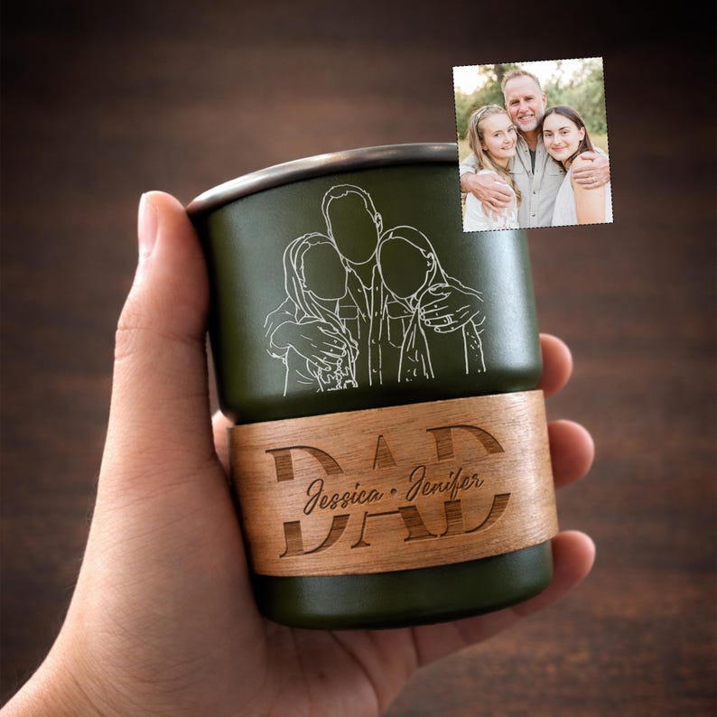 Personalized camping mug with custom line art portrait, a unique engraved Father's Day gift for dad.