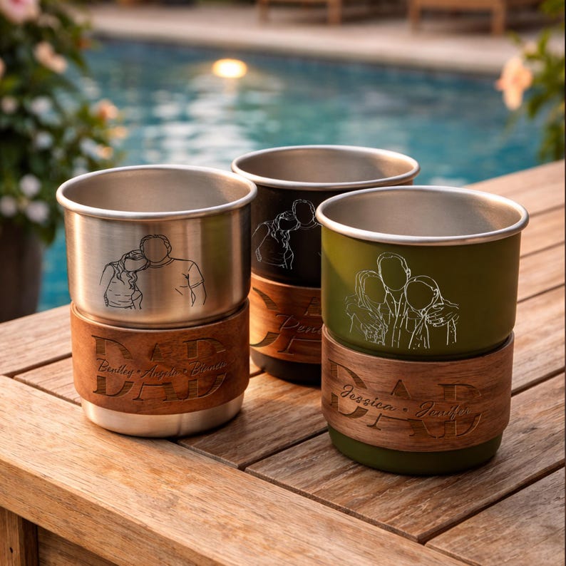 Custom campfire mugs featuring a line art custom design, the perfect camping gift for dad.