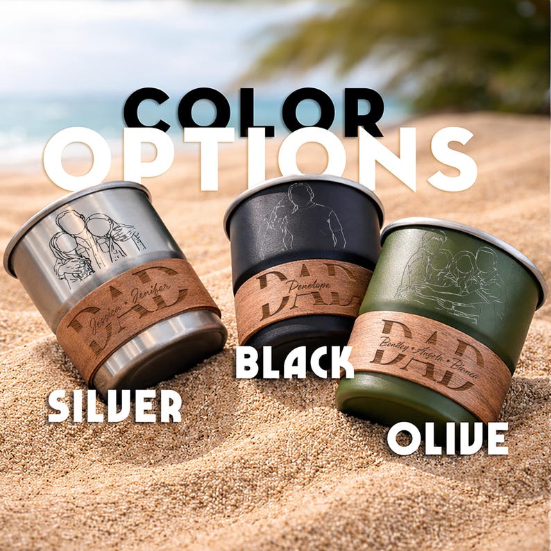 Engraved camping mugs and personalized line art illustration, making a great family portrait gift for outdoorsmen.