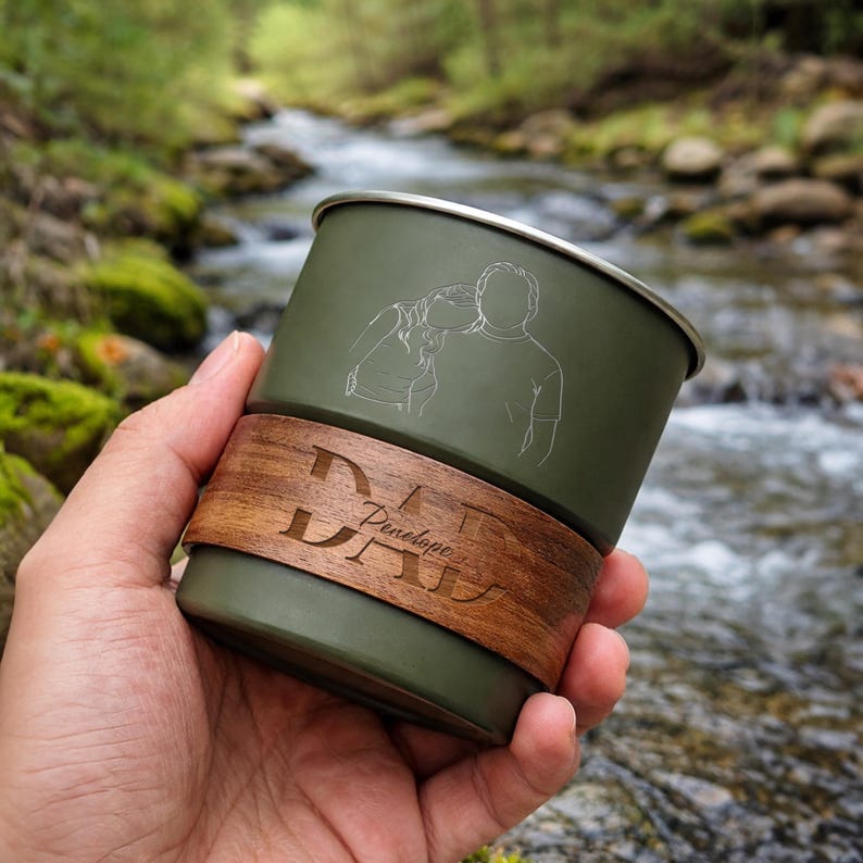Custom camp mugs and engraved travel cup in premium metal, an excellent Father's Day camping gift.