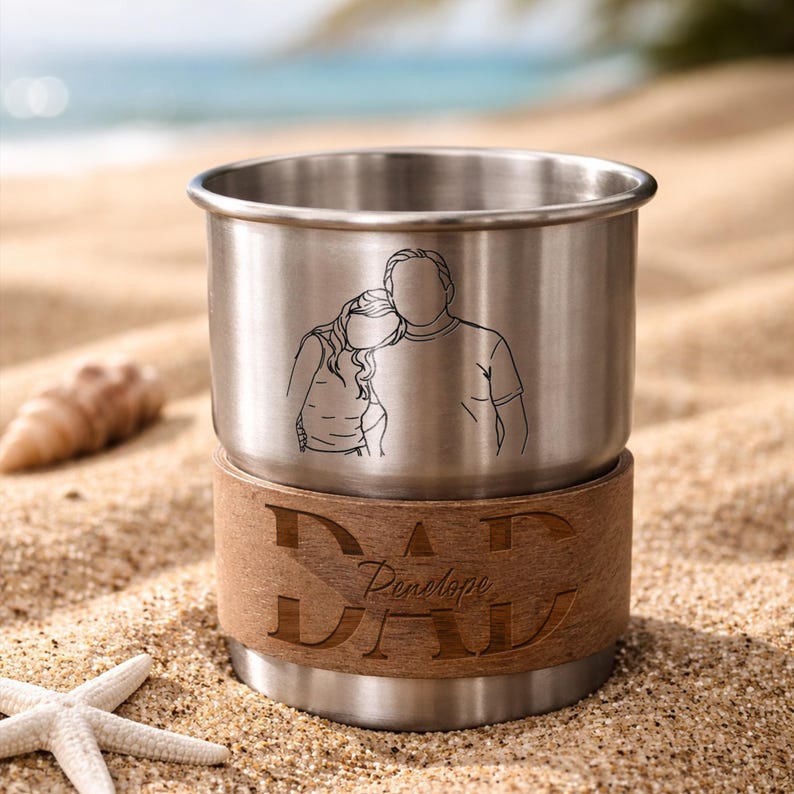 Stainless steel travel cup featuring an engraved travel mug design, perfect as an engraved gift for dad.