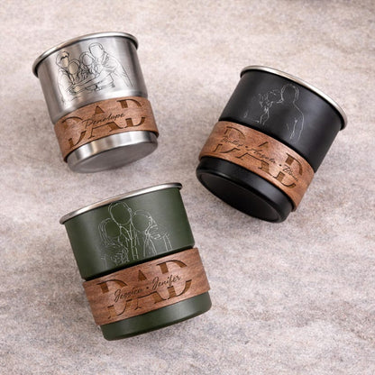 Camper mugs custom made with a family portrait line art, a rugged and sentimental gift for Father's Day 2026.