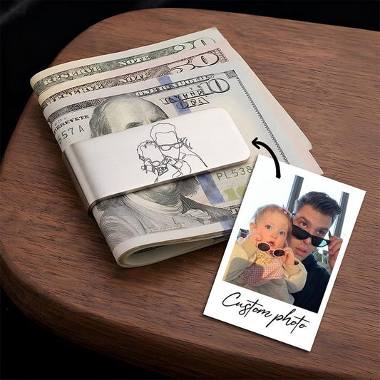 Personalized line art family photo money clip, a unique custom money clip and engraved Father's Day gift for dad.
