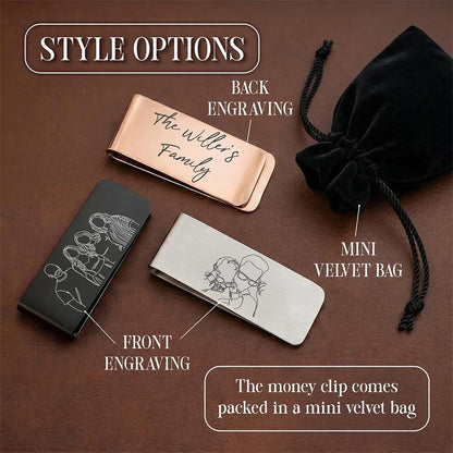 Father's Day money clip featuring a custom line art portrait, a great family photo gift and present for a hubby.