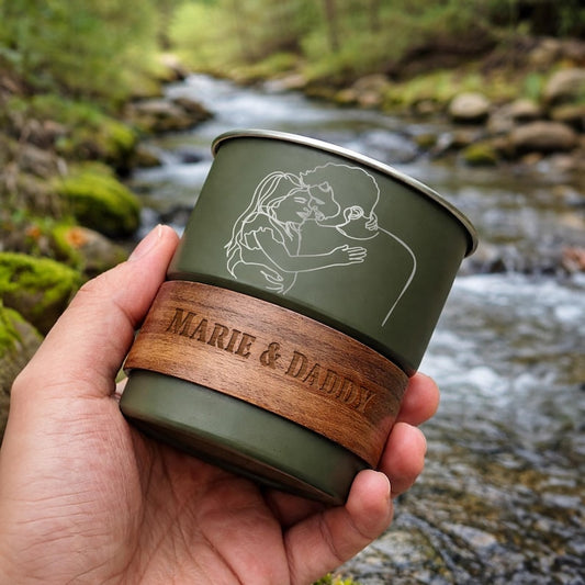 Personalized line art photo camping mug, a unique custom camp mug and engraved Father's Day gift for dad.